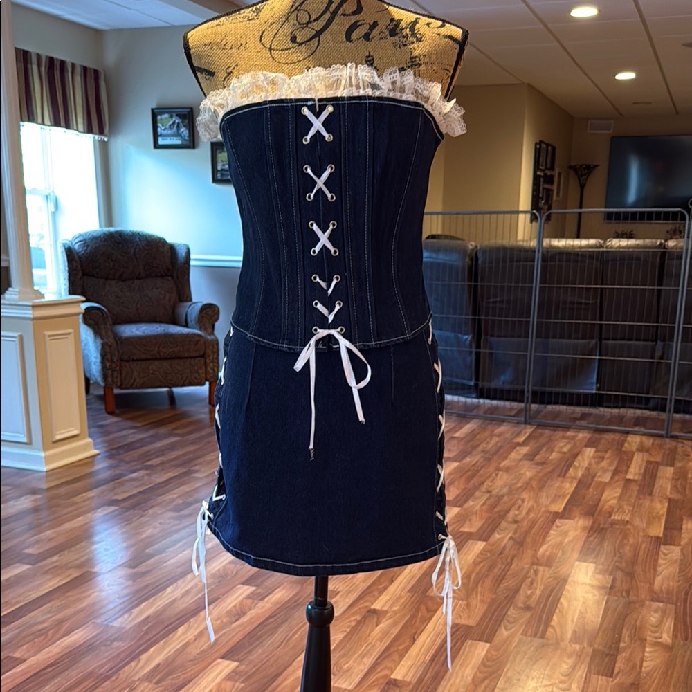 Fashion Nova two piece matching skirt set denim with corset style top with lace